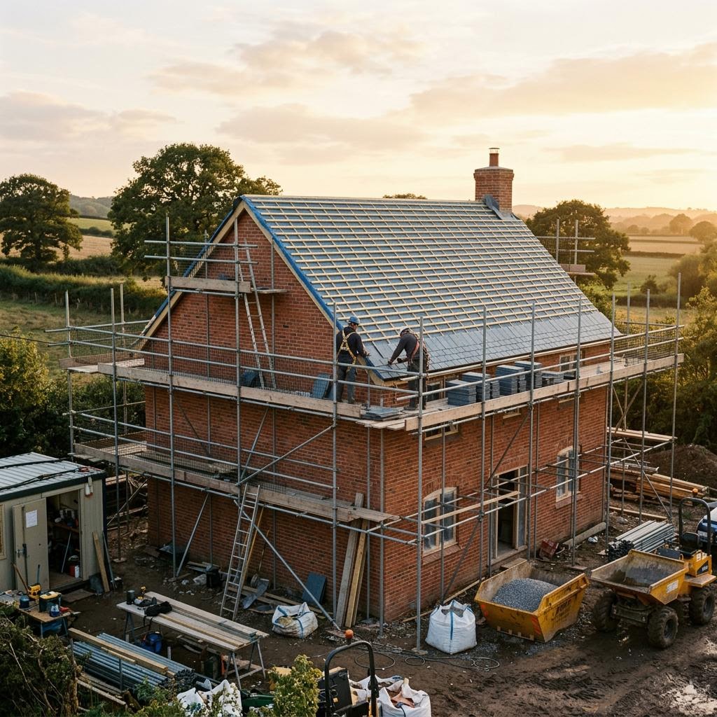 Slate roof under construction on a brick house at dusk